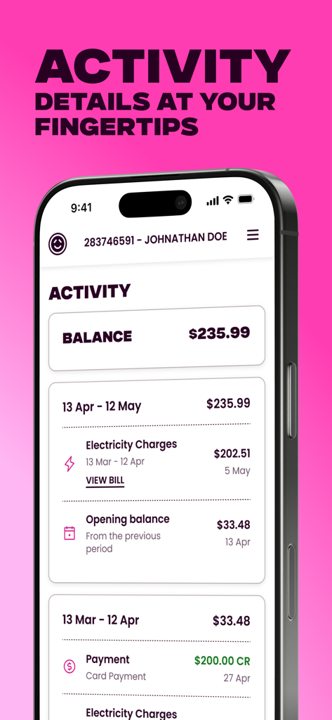 Powershop Lab NZ - Mobile app interface showing account activity balance and electricity charges for Powershop Lab NZ