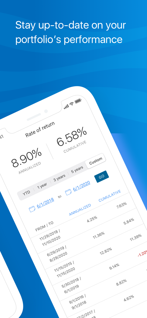 MetLife Retirement - MetLife Retirement app interface showing annualized and cumulative rate of return for portfolio performance