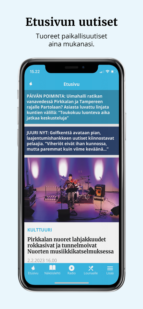 フィンランド語でローカルニュースの見出しが表示されているPirkkalainen-lehtiアプリのモバイルインターフェース
