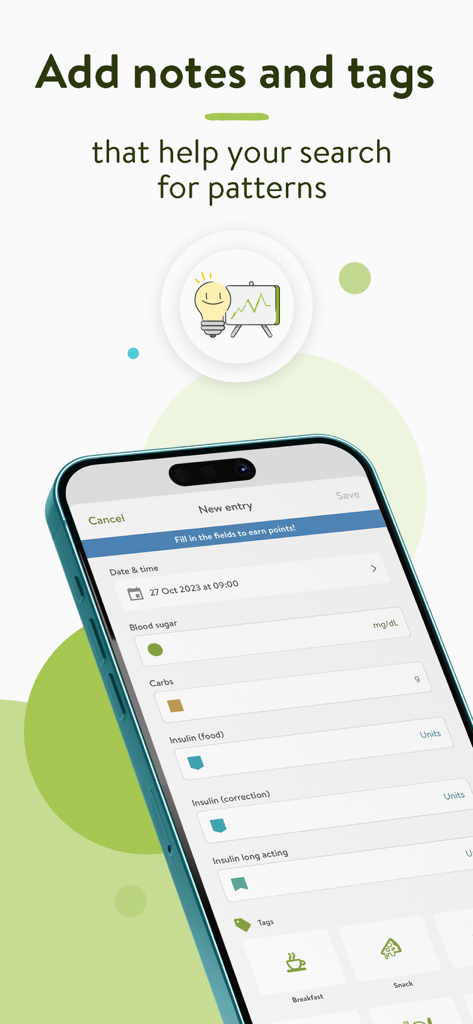 mySugr - Diabetes Tracker Log - Smartphone displaying the mySugr app entry screen for logging blood sugar, insulin, and carbs with custom tags for tracking patterns.