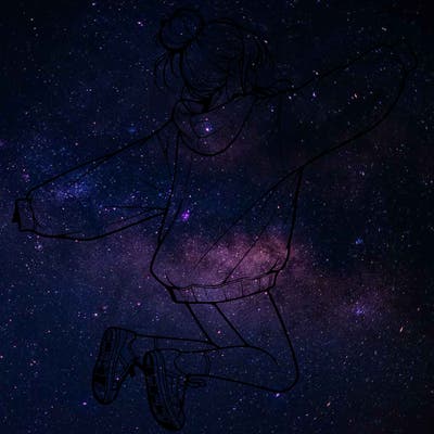 realistic girl jumping with a bun and oversized sweatshirt