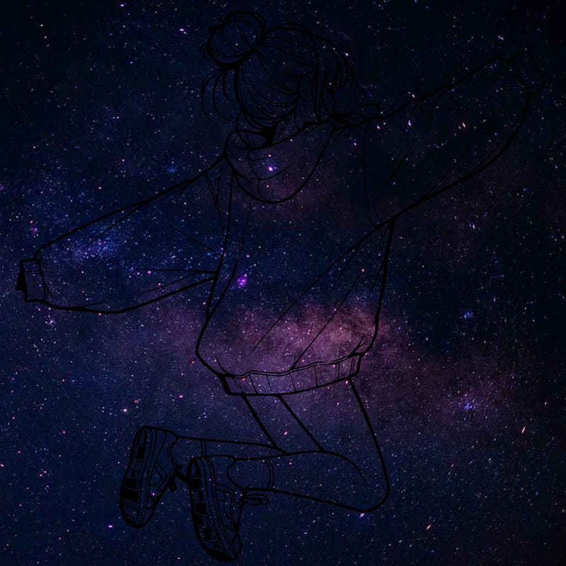 realistic girl jumping with a bun and oversized sweatshirt