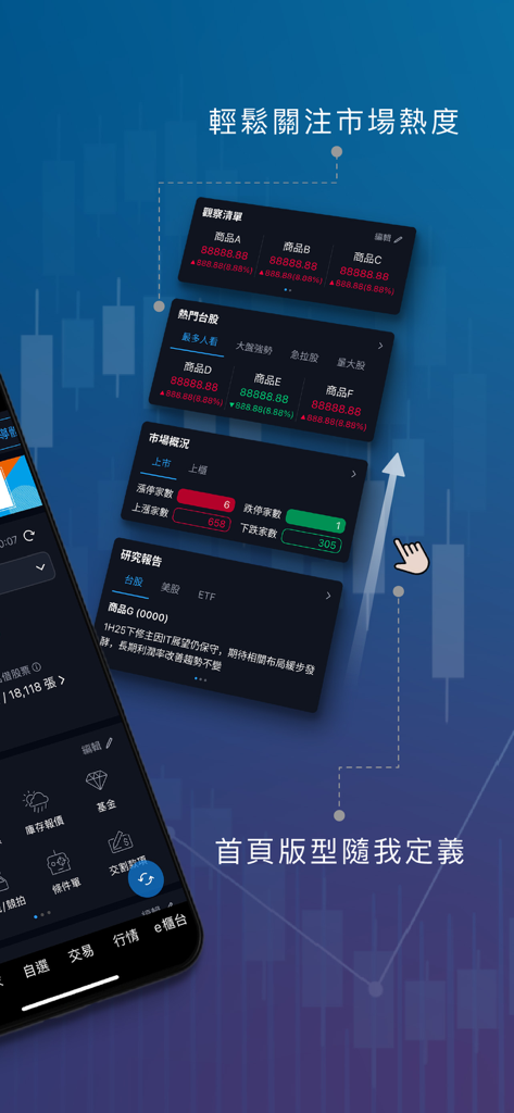 Layout personalizável da página inicial do aplicativo de negociação de ações Yuanta Investidor Sr. mostrando tendências de mercado e relatórios de pesquisa.