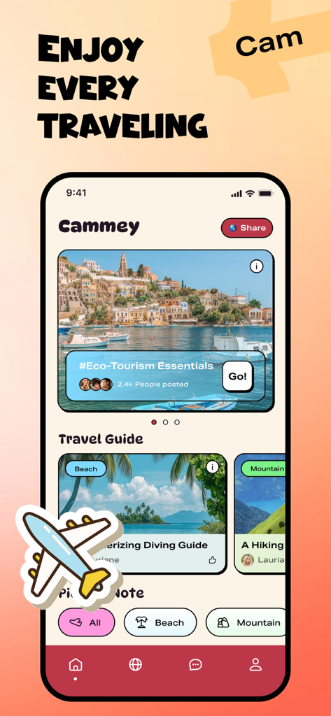 Camme - Enjoy Fun - Camme app screen showing travel guides for beaches and mountains with community hot topics