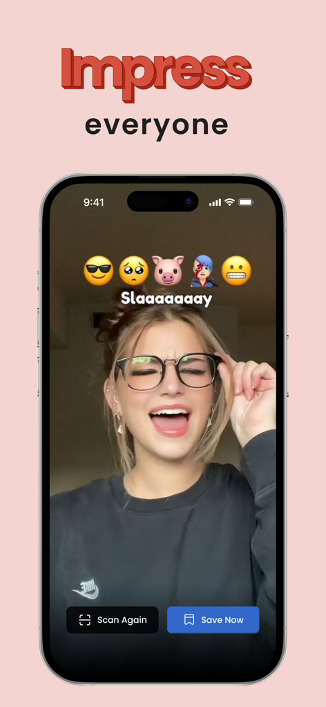 Funmoji: Funny face filters - Funmoji 앱 이모지 챌린지 필터를 사용하는 젊은 여성, 바이럴 소셜 미디어 텍스트와 아이콘 오버레이