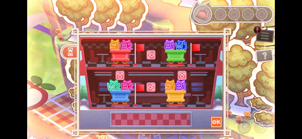 Stray Cat Doors 3: Chapter 2 - Una pantalla de puzle lógico en Stray Cat Doors 3 con coloridos vagones de mina con códigos y símbolos