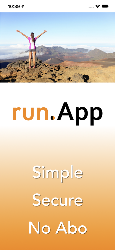 Benutzeroberfläche von run.App mit dem Text: Einfach, sicher und kein Abonnement, mit einem Läufer auf einem Gipfel.