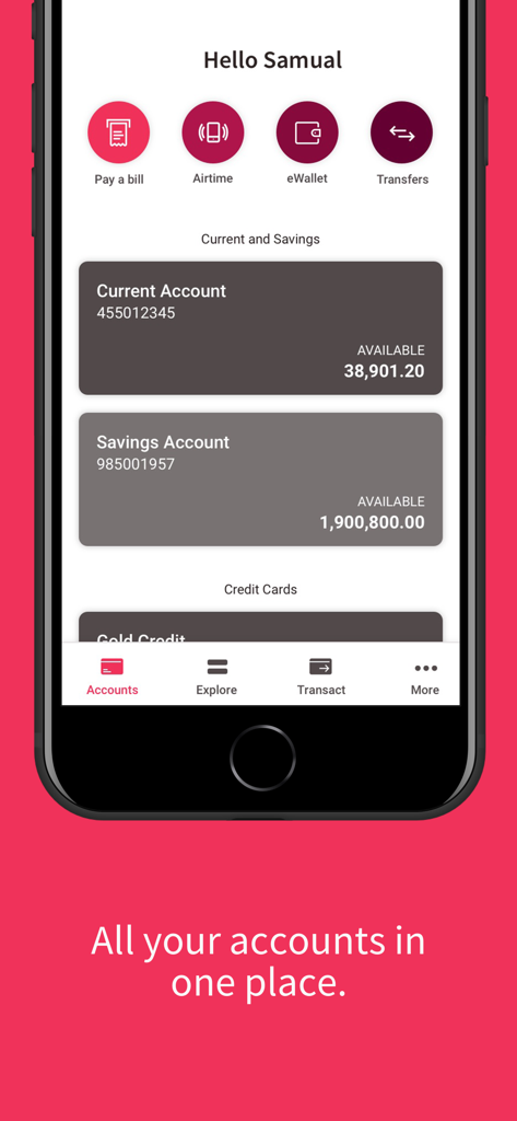 Absa Ghana - Interface of the Absa Ghana app displaying an overview of current and savings accounts with quick action buttons for payments and transfers