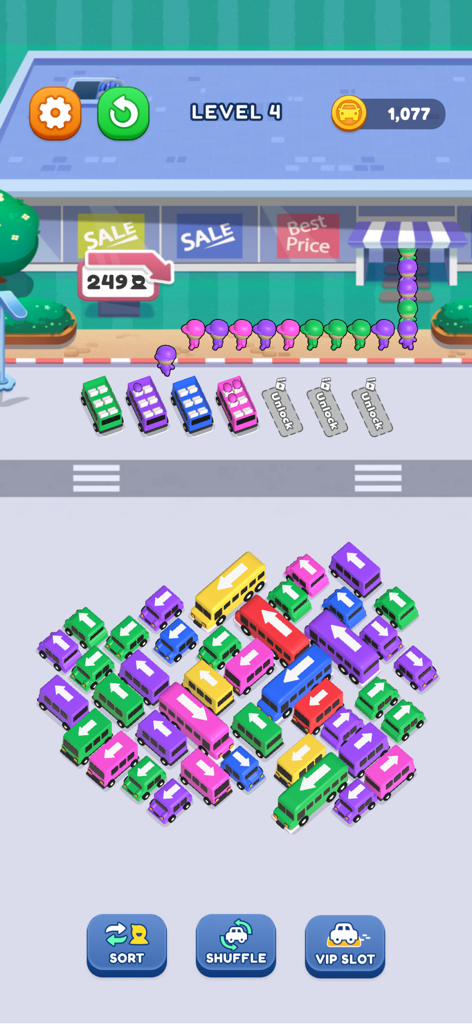 Una vista aérea de un puzzle 3D de atasco de tráfico de autobuses con pasajeros y autobuses de colores