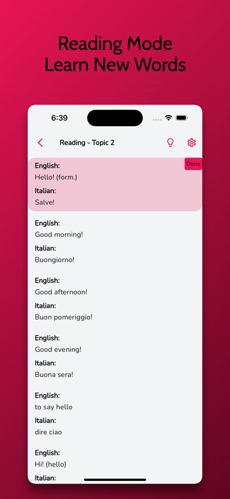 Italian language learning app reading mode screen with common greetings and translations