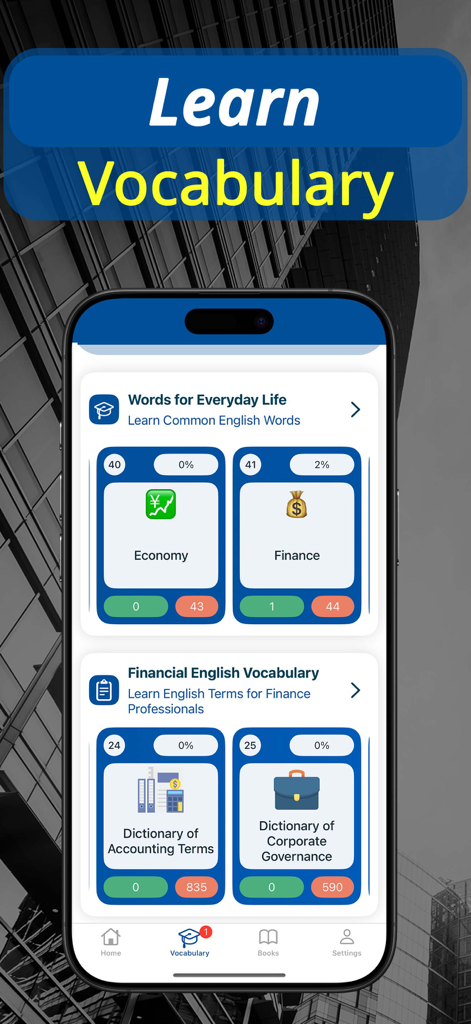 Financial English app interface showing various vocabulary categories like accounting terms and corporate governance
