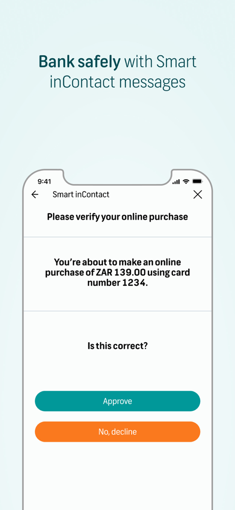 FNB Banking App - A mobile screen showing the FNB Banking App Smart inContact feature for verifying an online purchase with approve and decline buttons.