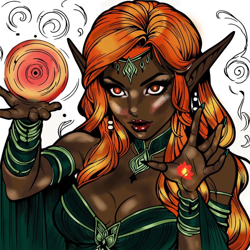 realistic scary beautiful elf sorceress casting spell