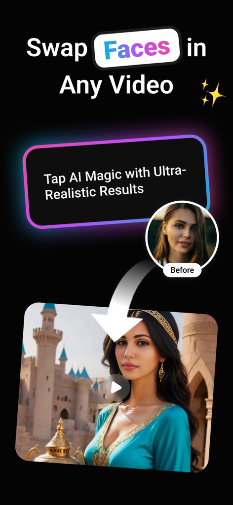 Face Swap AI Video - Facetik - Facetik app interface demonstrating ultra realistic AI face swap in a video