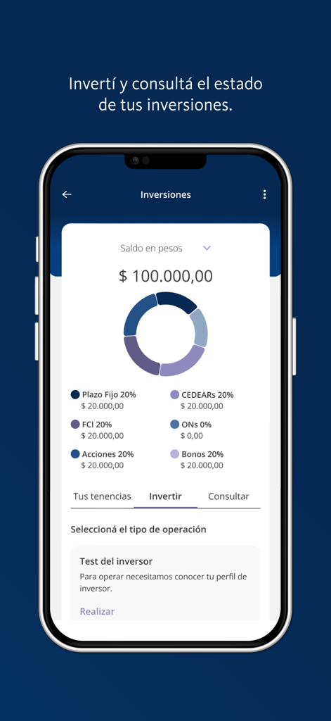 Pantalla de cartera de inversiones en la aplicación BNA Plus Empresas que muestra el saldo de la cuenta y el gráfico de asignación de activos.