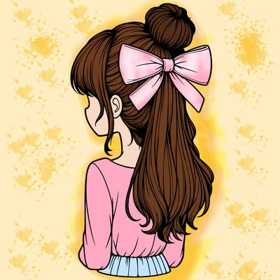 realistic girl  with hip length hair a bun and a big bow on the back of head