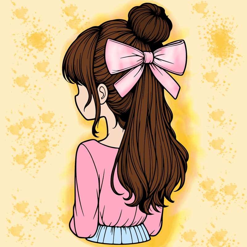 realistic girl  with hip length hair a bun and a big bow on the back of head