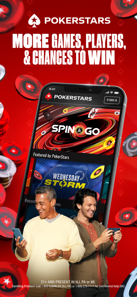 PokerStars Poker Real Money - Dois homens usando o aplicativo móvel PokerStars para jogar poker com dinheiro real e torneios Spin and Go