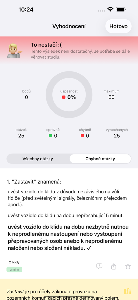 Evaluation screen of the Autoskola 2026 CZ app showing a zero percent success rate on a driving theory test.