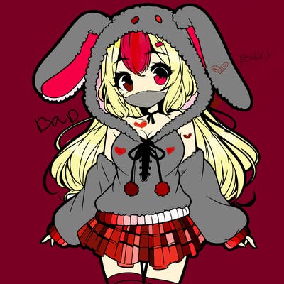 pretty anime girl wearing a fluffy hoodie with bunny ears on the hood and a skirt