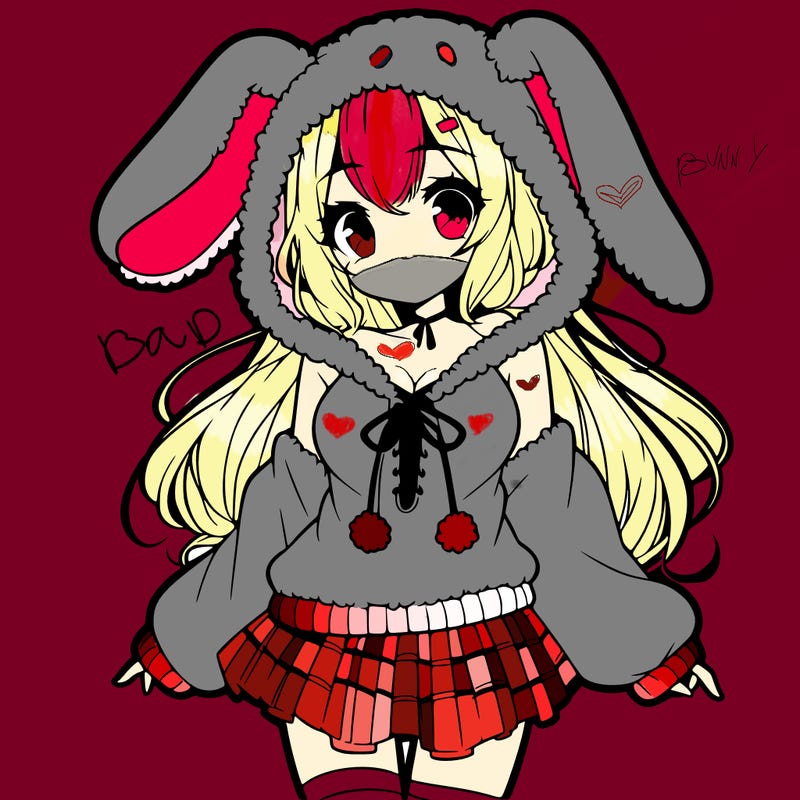 pretty anime girl wearing a fluffy hoodie with bunny ears on the hood and a skirt