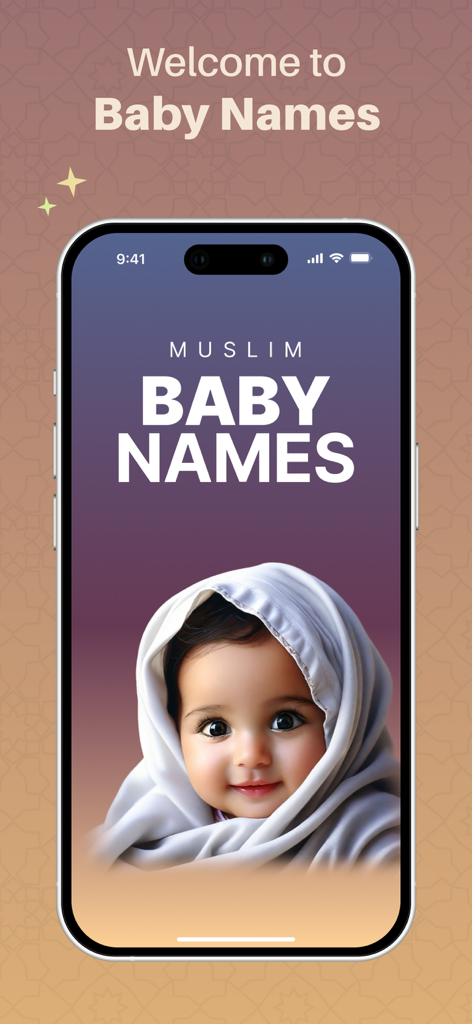 Welcome screen of the Muslim Baby Names Finder app featuring a smiling baby in a white headscarf.