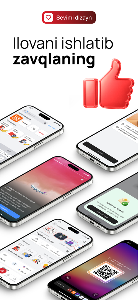 Unired : Money Transfers - Uniredアプリのインターフェースを表示する複数のスマートフォン画面。国際送金や支払い用。赤いサムズアップアイコン付き