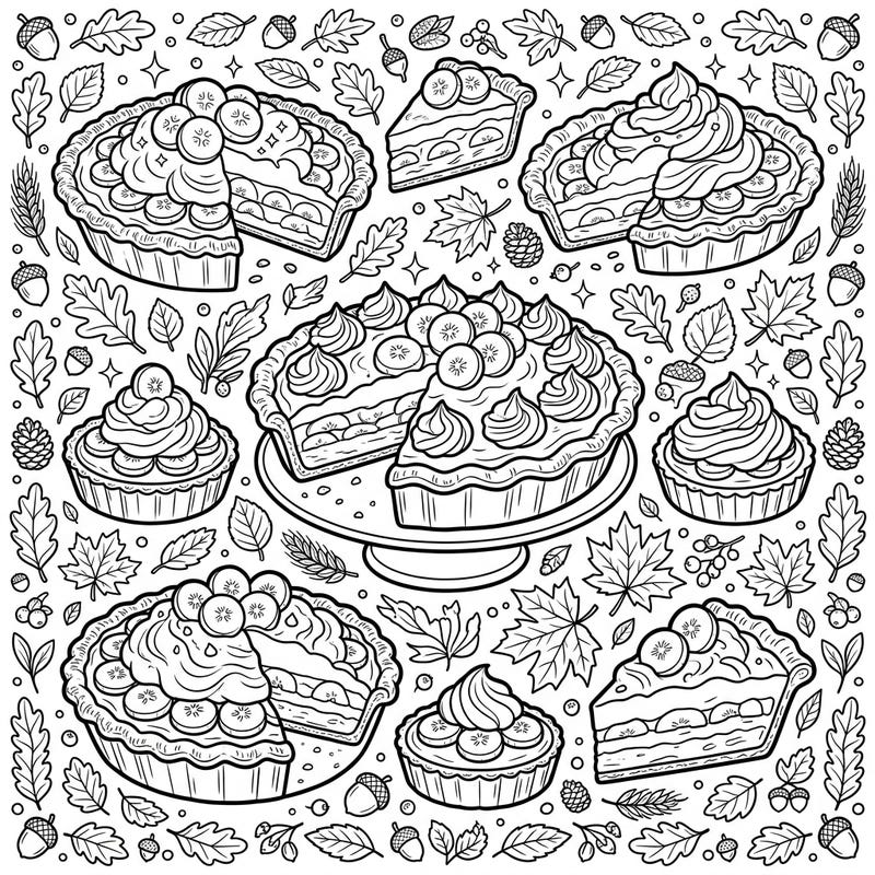 Celebrate the flavors of fall with our charming Banana Cream Pie coloring page, nestled among beautiful autumn leaves. This delightful scene invites you to add your favorite colors to create a cozy, delicious masterpiece.