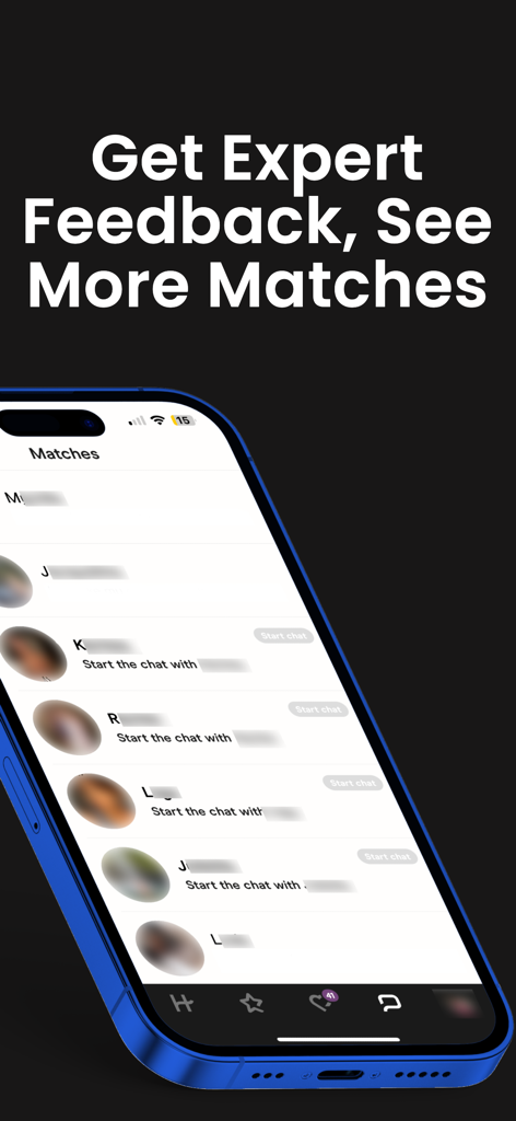 Hitch: Dating Profile Reviewer - A list of dating app matches on a phone with expert feedback headline
