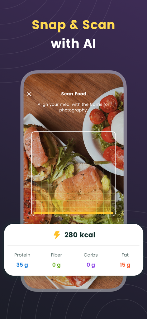 maxbud: AI  Health Tracking - A screenshot of the maxbud app showing an AI food scan with calories and macro tracking