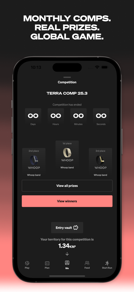 INTVL app competition screen showing real world prizes like Whoop bands and territory tracking