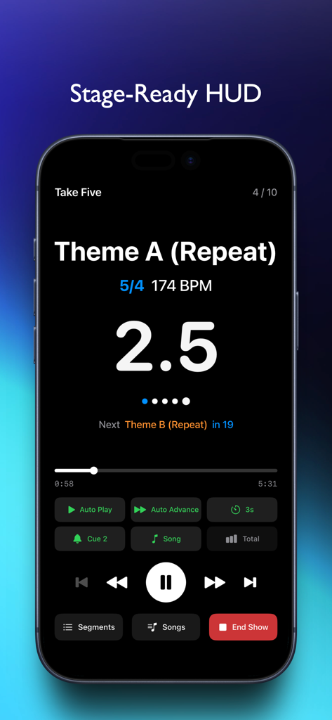 FlowBeats - FlowBeats app stage-ready HUD mode showing a high-contrast metronome interface with 5/4 time signature and 174 BPM on a smartphone.