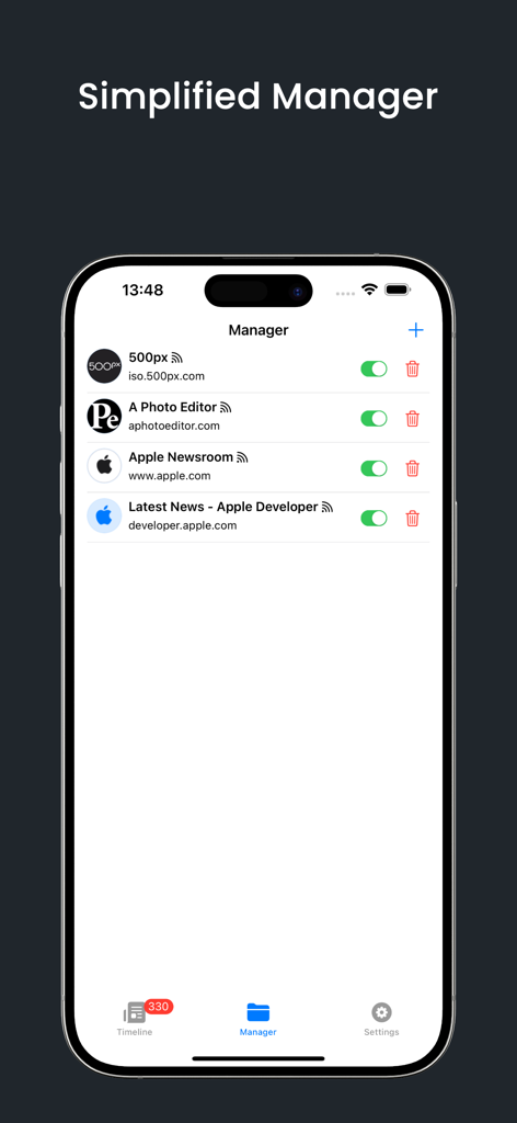 tRSS - Una pantalla de aplicación móvil titulada Gestor Simplificado mostrando una lista de feeds RSS con interruptores para habilitarlos o deshabilitarlos.