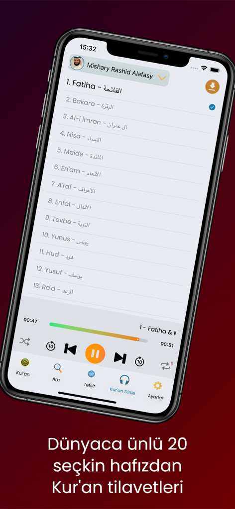 Mobile app interface for Kur'an Dinle showing a list of Quran surahs and an integrated audio player with playback controls