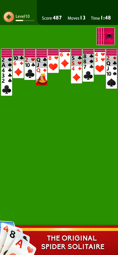 Spider Solitaire - Plus - Classic Spider Solitaire gameplay interface with a clean art design on a green background