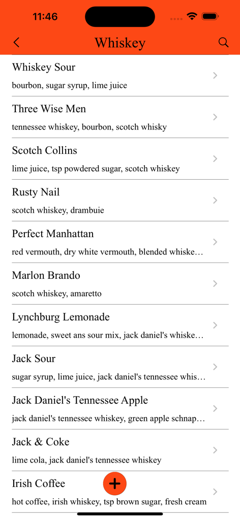 A list of whiskey based cocktail recipes and ingredients in the Cocktail Manual app interface