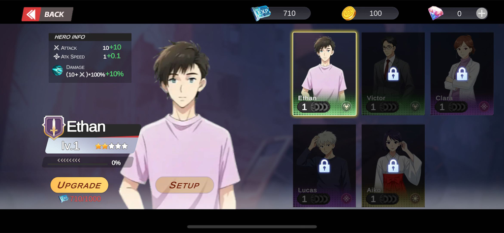 Cursebound: Black Domain - 커스바운드 검은 영역의 영웅 Ethan의 캐릭터 프로필 및 업그레이드 메뉴.