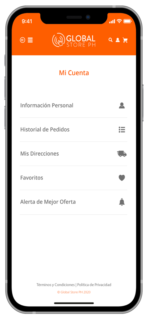 Tela de configurações de conta do usuário do aplicativo Global Store PH exibindo informações pessoais e opções de histórico de pedidos em espanhol