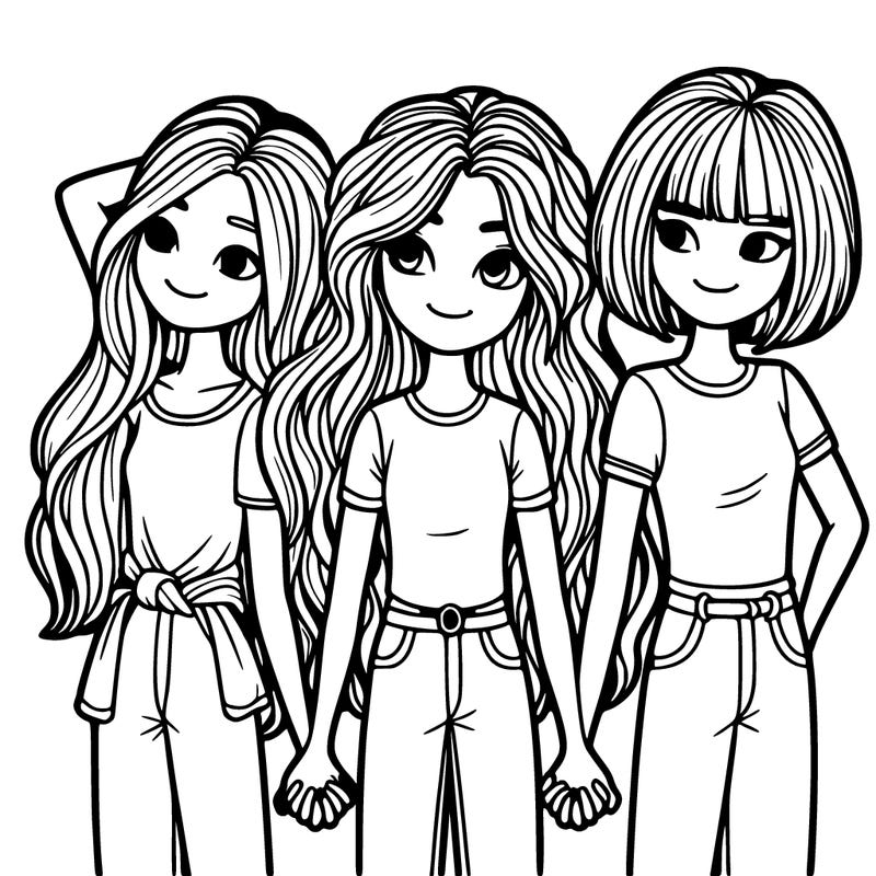 three best friends holding hands, one has long, straight hair, the other has short curly hair, and the other has short, straight hair.