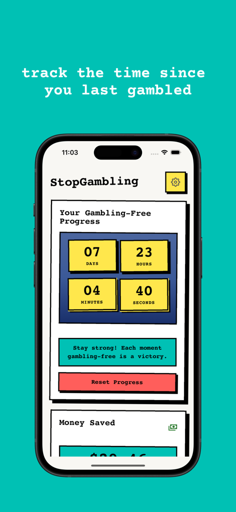 ストップギャンブルアプリが表示され、最後のギャンブルからの日数と時間を追跡する節制タイマーが表示されているスマートフォンのディスプレイ。