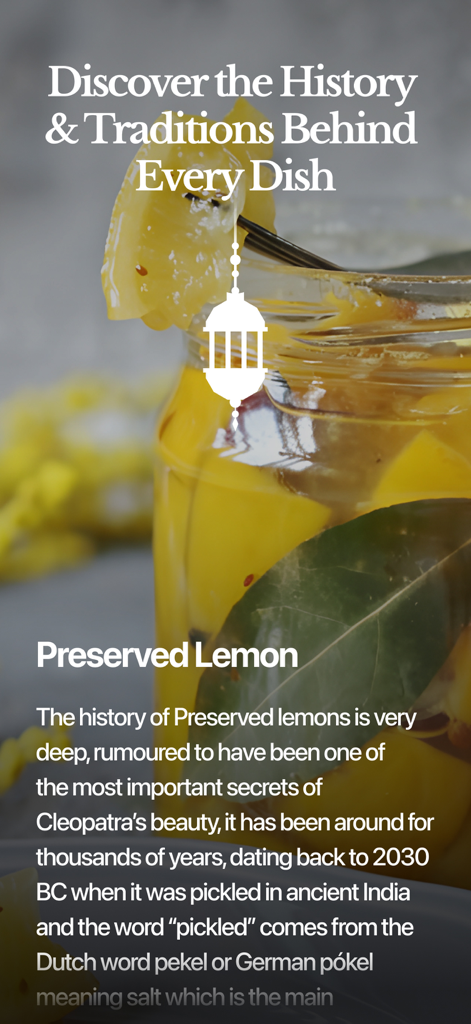 Food Recipes by Arabesk - Un frasco de limones encurtidos con texto que describe la historia y las tradiciones detrás de los platos mediterráneos.