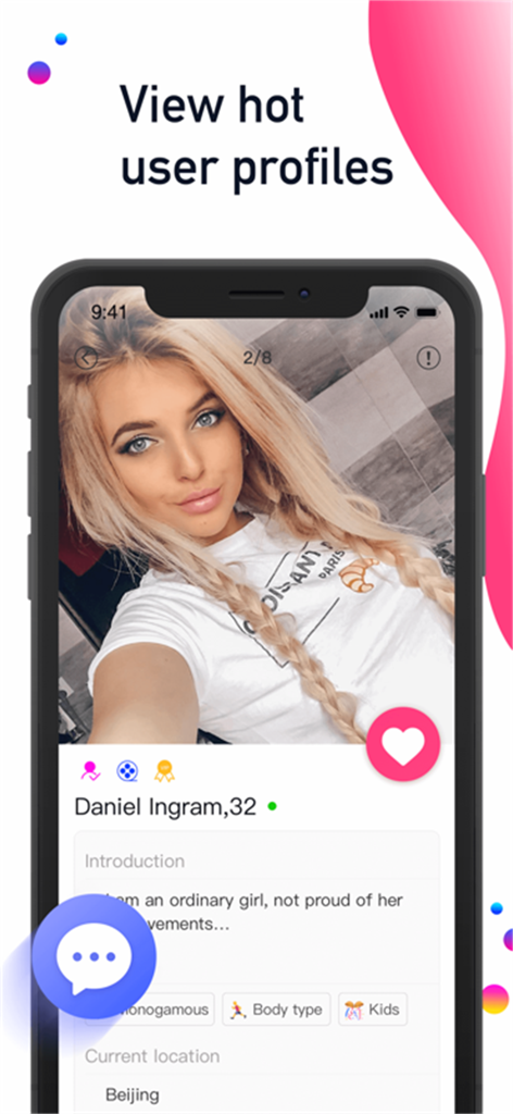 Hot-Casual Dating&Chat App - A screenshot of the Hot-Casual Dating and Chat App showing a user profile with a photo and a heart button.