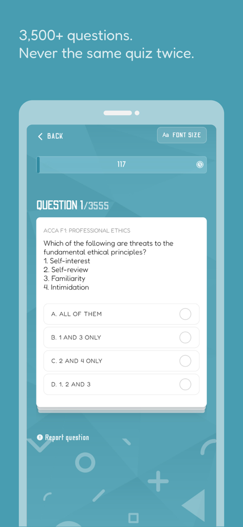 ACCA QUIZ: All-in-One - Pantalla móvil de la app ACCA QUIZ que muestra una pregunta de Ética Profesional con opciones de respuesta múltiple y un indicador de progreso de más de 3500 preguntas.