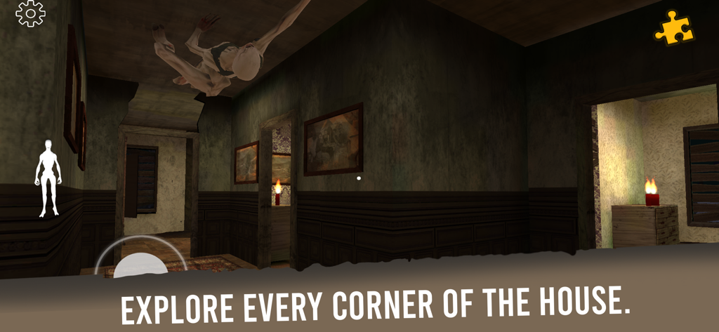 The curse of Emily:Horror Game - A creepy monster crawling on the ceiling in a dark house hallway from The Curse of Emily horror game