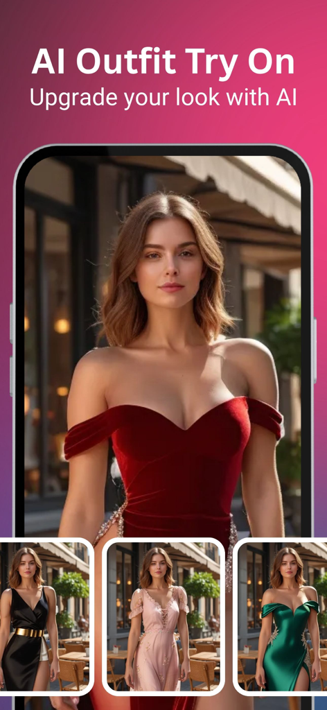 Facezy app AI outfit try on feature showing a woman in different dress styles