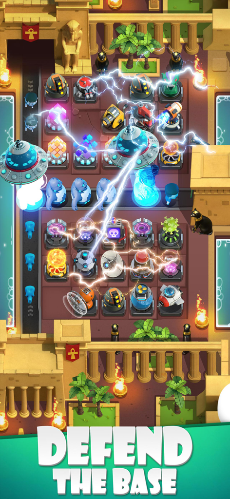 Strategic tower defense battle in Random TD with Egyptian theme and futuristic towers