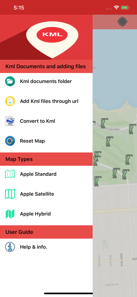 Kml Viewer-Kml Converter app - Menu laterale dell'app KML Viewer and Converter che mostra le opzioni per la gestione dei file e i tipi di mappa su un'interfaccia cartografica.