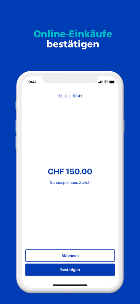 ZKB Access - ZKB Access app screen for confirming an online purchase of 150 Swiss Francs