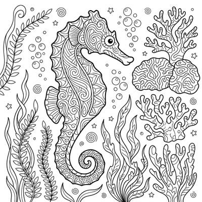 Immerse yourself in the delicate beauty of the ocean with this exquisite dwarf seahorse adult coloring page, featuring mesmerizing patterns and fine details. This intricate underwater scene is filled with swaying seaweed, coral, and gentle bubbles, offering a truly captivating coloring experience for adults.