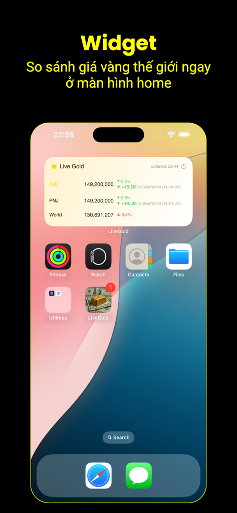 Pantalla de inicio del iPhone que muestra un widget de precios del oro de la aplicación Live Gold comparando precios SJC, PNJ y mundiales